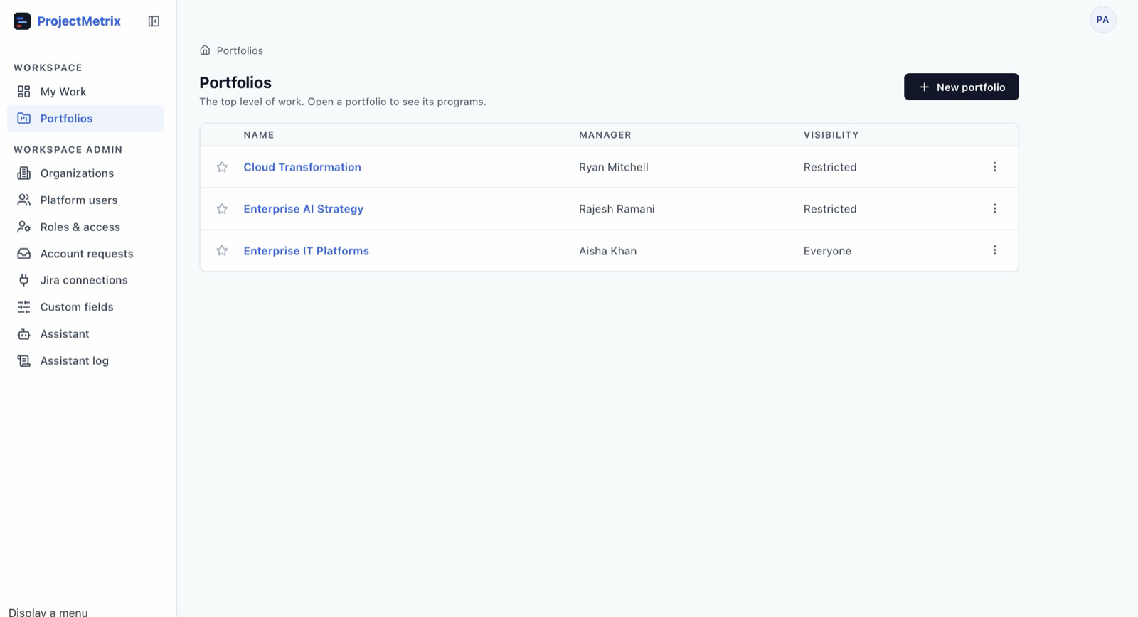 The portfolio list: each portfolio with its owner and visibility; open one to see its programs, and a program to see its projects